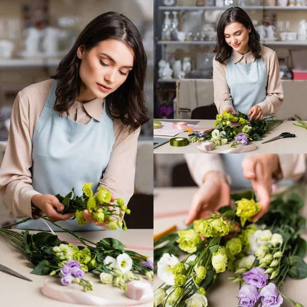 Collage einer jungen Floristin, die im Blumenladen einen Strauß mit Eustoma-Blumen herstellt — Stockfoto