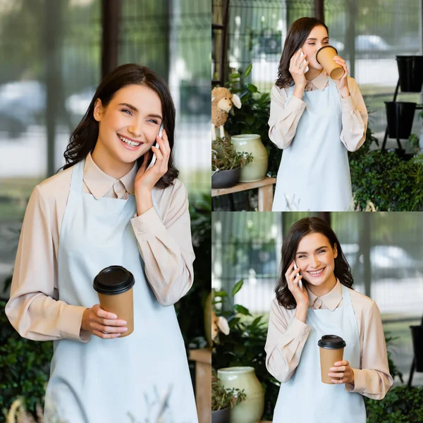 Colagem de florista sorrindo segurando café para ir e falar no smartphone durante o freio — Fotografia de Stock