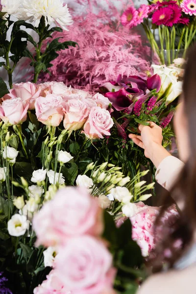 Обрізаний вид на жіночого флориста, який бере целосію зі стійки квітів з розмитими трояндами на передньому плані — стокове фото