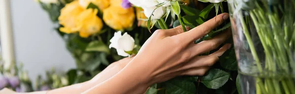 Ausgeschnittene Ansicht von Floristen, die sich um Stängel weißer Rosen mit verschwommenen Blumen auf dem Hintergrund kümmern, Banner — Stockfoto