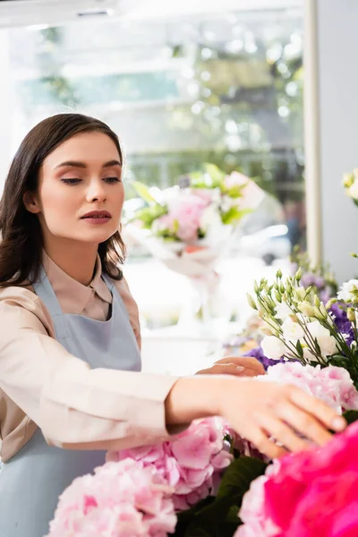 Brunette fleuriste féminine se souciant des fleurs près de rack en magasin avec fenêtre floue sur le fond — Photo de stock