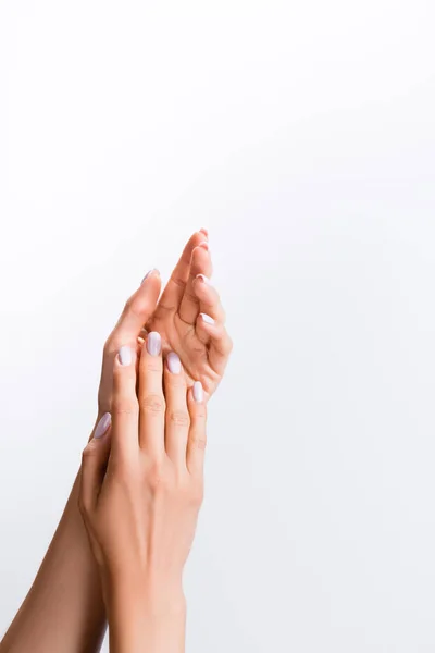 Обрезанный вид женских рук, изолированных на белом — стоковое фото