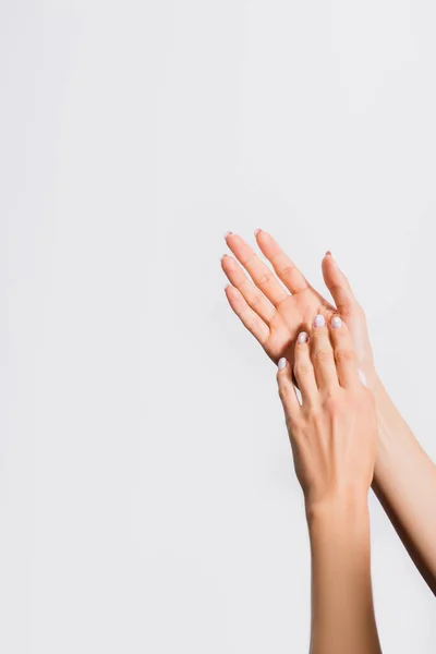 Vista cortada de mãos femininas isoladas em branco — Fotografia de Stock