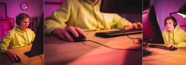 Collage of angry player in headset using computer at home, banner — Stock Photo