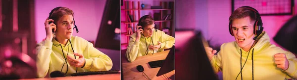 Collage de gamer en colère et concentré regardant le moniteur d'ordinateur à la maison, bannière — Photo de stock