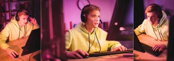 Collage of young gamer in headset playing video game on computer at home, banner — Stock Photo