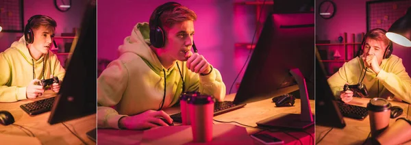 KYIV, UKRAINE - AUGUST 21, 2020: Collage of gamer in headset using joystick and yawning near takeaway coffee and pizza box, banner — Stock Photo