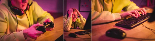 KYIV, UKRAINE - AUGUST 21, 2020: Collage of gamer using joystick and smiling while playing in video game on computer, banner — Stock Photo