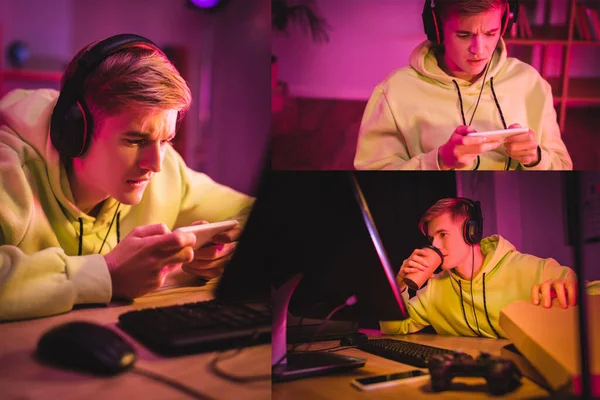 Collage of gamer in headphones using smartphone and drinking coffee near pizza box, computer and joystick on blurred foreground — Stock Photo
