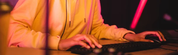 Vue recadrée du joueur à l'aide du clavier de l'ordinateur et de la souris sur le premier plan flou, bannière — Photo de stock