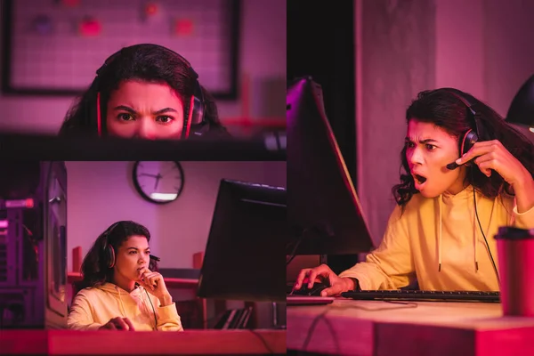 Colagem de jogador afro-americano pensativo e chocado usando o computador em casa — Fotografia de Stock