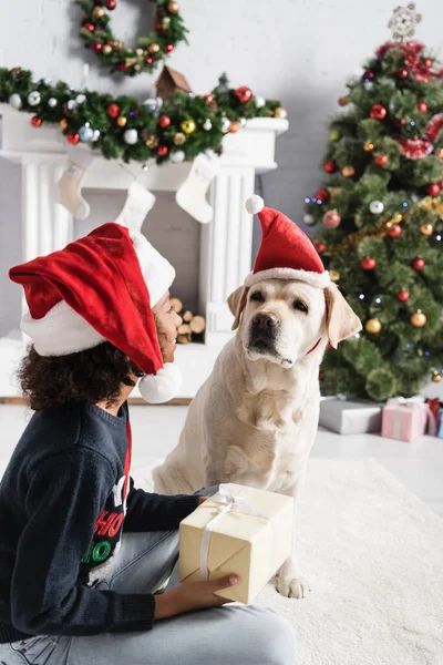 African american girl in santa hat holding gift box while sitting near labrador dog on blurred background — Stock Photo