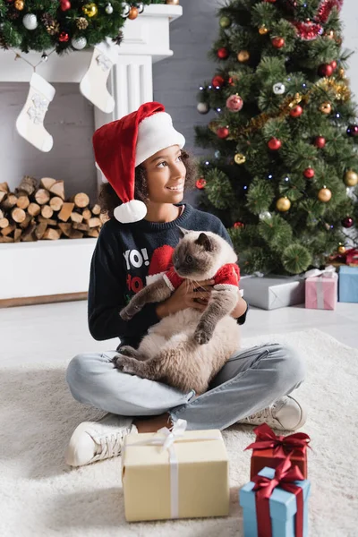 Feliz africana americana chica en santa hat mirando lejos mientras sentado cerca de navidad árbol y celebración mullido gato - foto de stock