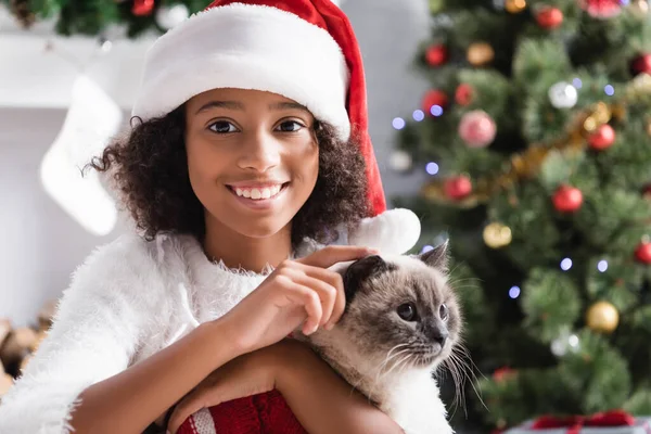 Menina americana africana feliz olhando para a câmera enquanto abraçando gato peludo no fundo borrado — Fotografia de Stock