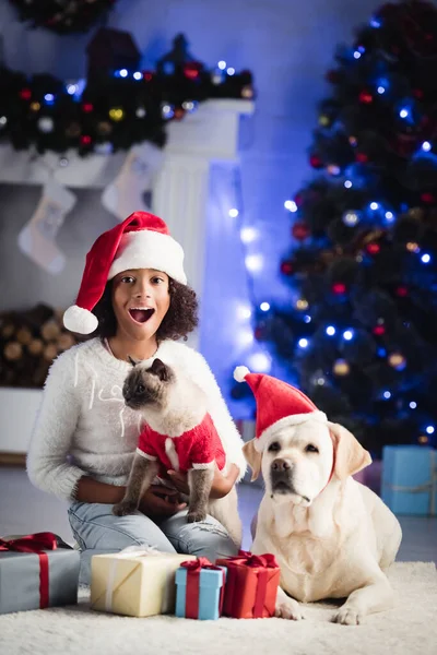 Aufgeregtes afrikanisch-amerikanisches Mädchen umarmt Katze und sitzt neben Retriever auf dem Boden mit Geschenken, auf verschwommenem Hintergrund — Stockfoto