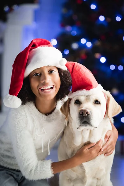 Lächelnde Afroamerikanerin umarmt Labrador mit Weihnachtsmütze auf verschwommenem Hintergrund — Stockfoto