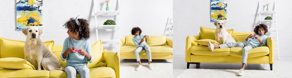 KYIV, UKRAINE - OCTOBER 02, 2020: Collage of african american girl playing with joystick, looking at labrador on sofa at home, banner — Stock Photo