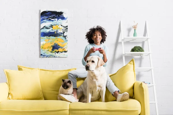 KYIV, UKRAINE - OCTOBER 02, 2020: labrador and siamese cat sitting near happy girl playing with joystick on back of sofa, at home — Stock Photo