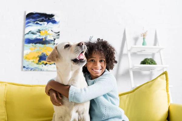 Feliz chica rizada abrazando labrador ladrando, mientras está sentado en el sofá amarillo en casa - foto de stock