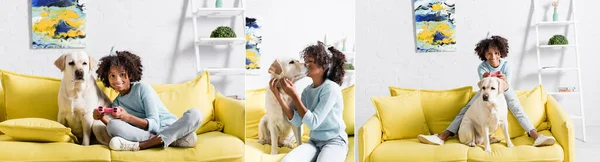KYIV, UKRAINE - OCTOBER 02, 2020: Collage of african american girl playing with joystick, kissing labrador, while sitting at home, banner — Stock Photo