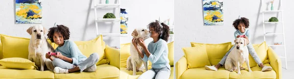 QUIIV, UCRÂNIA - OUTUBRO 02, 2020: Colagem de menina afro-americana brincando com joystick, beijando labrador, enquanto sentado em casa, banner — Fotografia de Stock