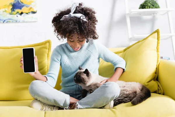 Souriant afro-américaine fille montrant smartphone avec écran blanc, regardant chat et assis sur le canapé à la maison — Photo de stock