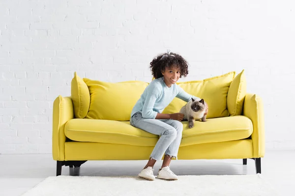 Lächelnde afrikanische Amerikanerin umarmt siamesische Katze, während sie zu Hause auf dem Sofa sitzt — Stockfoto