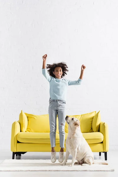 Feliz chica afroamericana con las manos en el aire saltando sobre la alfombra blanca cerca de labrador en casa — Stock Photo