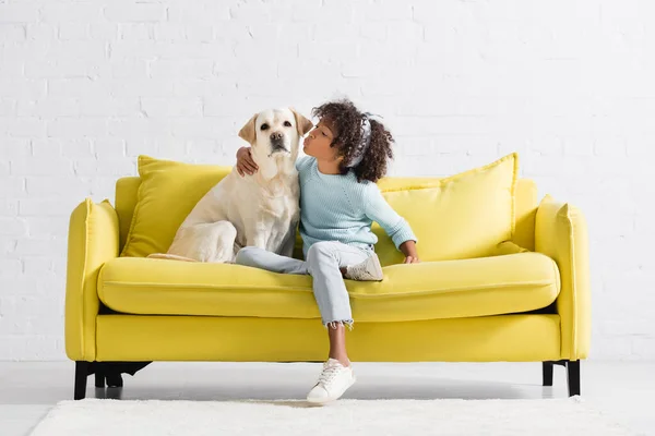 Afrikanerin küsst und umarmt Retriever und schaut in die Kamera, während sie zu Hause auf dem Sofa sitzt — Stockfoto