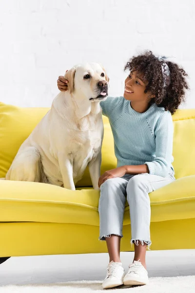 Lächelnde afrikanische Amerikanerin, die Retriever umarmt und ansieht, während sie zu Hause auf dem gelben Sofa sitzt — Stockfoto
