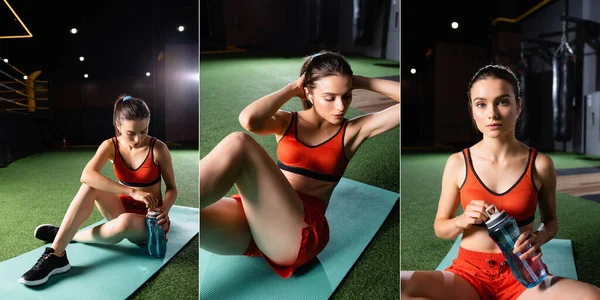 Collage de sportive faisant de l'exercice et ouvrant bouteille de sport sur tapis de fitness dans la salle de gym, bannière — Photo de stock
