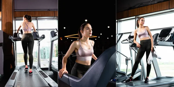 Collage de joven deportista corriendo en cinta de correr y de pie con toalla, bandera - foto de stock