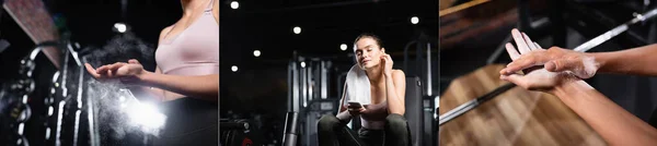 Collage of sportswoman applying talcum powder on hands near power rack, holding smartphone and listening music in earphone, banner — Stock Photo