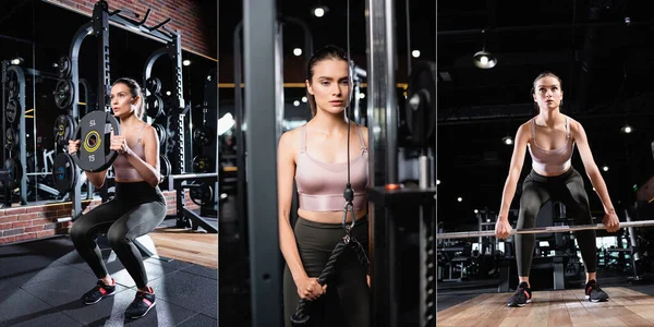 Collage of sportswoman working out on exercising machines, and doing sit ups with weight disk, banner — Stock Photo