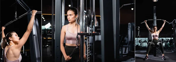 Collage of angry sportswoman looking away while training triceps, and exercising on lat machine in gym, banner — Stock Photo