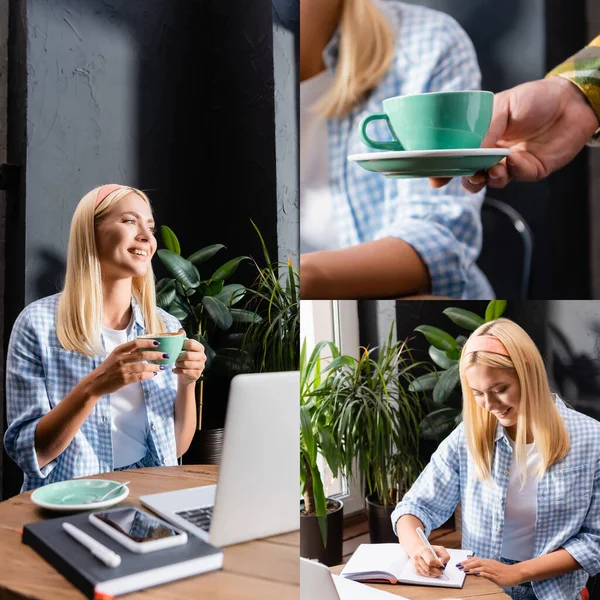 Collage de freelancer bebiendo café mientras trabaja en la cafetería, y camarero sosteniendo taza cerca del cliente - foto de stock