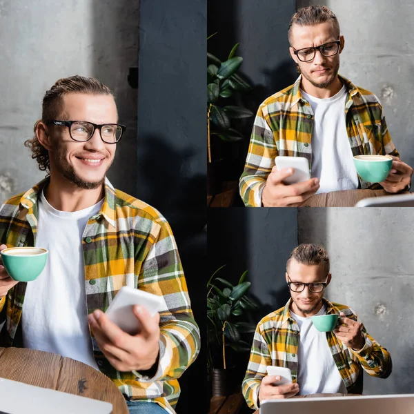 Collage de mensajería freelancer joven y emocional en el teléfono móvil mientras sostiene una taza de café en la cafetería, borrosa en primer plano - foto de stock