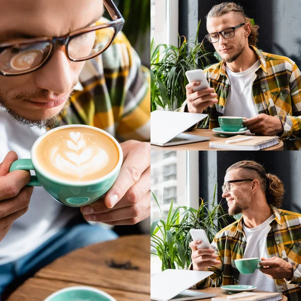 Collage de joven freelancer sosteniendo taza de café con arte latte, sonriendo y charlando en el teléfono inteligente cerca del ordenador portátil - foto de stock