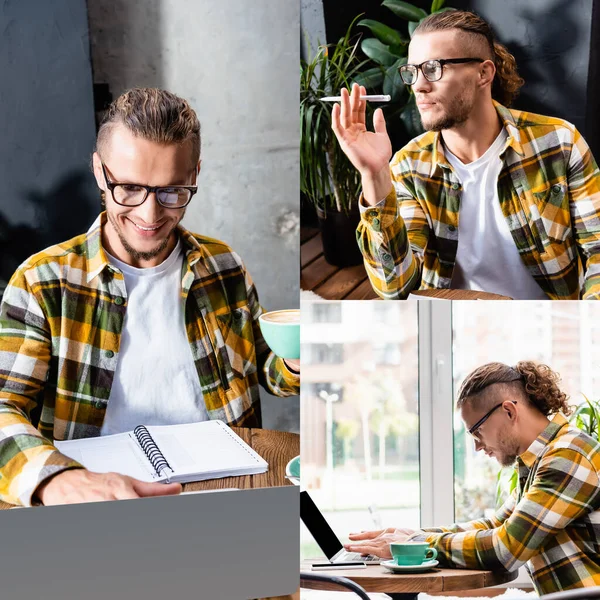 Collage del freelancer con estilo en gafas y camisa a cuadros escribiendo en el ordenador portátil, la celebración de la pluma, pensando y mirando hacia otro lado en la cafetería - foto de stock