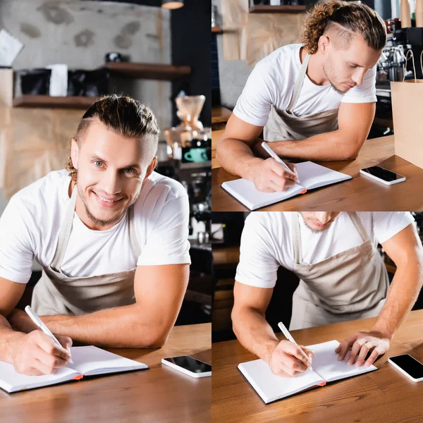 Collage eines jungen, gut aussehenden Baristas, der in einem Notizbuch in der Nähe von Mobiltelefonen mit leerem Bildschirm auf der Theke schreibt — Stockfoto