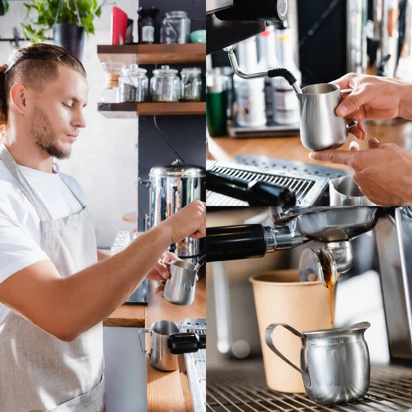 Colagem de barista jovem preparando café, segurando caneca de leite perto do vapor, e xícara de papel perto do dispensador da máquina de café — Fotografia de Stock