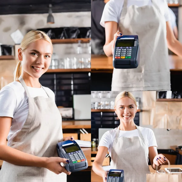 Collage of smiling blonde barista holding payment terminal while looking at camera — Stock Photo