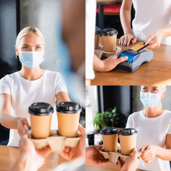 Collage de mujer en máscara médica tomando café para ir de barista, y pagando con tarjeta de crédito a través de terminal - foto de stock