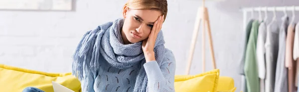 Sick woman in scarf looking at camera at home, banner — Stock Photo