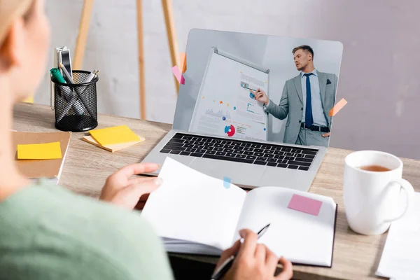 Uomo d'affari che punta a grafici su flipchart sullo schermo del computer portatile vicino freelancer che tiene penna e notebook in primo piano sfocato durante webinar — Foto stock