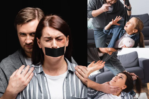 Collage of abuser hugging depressed wife with adhesive tape on mouth and holding waist belt near child with soft toy — Stock Photo