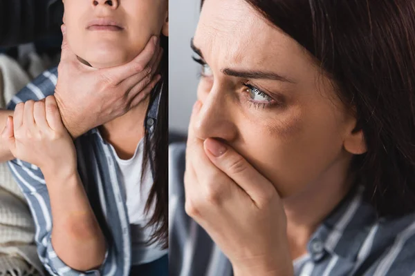 Collage von verängstigter Frau mit Blutergüssen, die den Mund bedecken und missbräuchlichem Ehemann, der zu Hause erstickt — Stockfoto