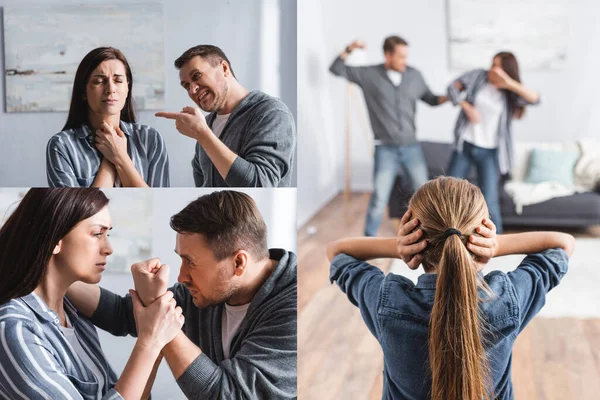 Collage of abusive man beating wife with bruises near kid covering ears at home — Stock Photo