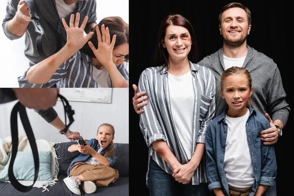 Collage de abusador sosteniendo cinturón de cintura cerca de esposa e hija asustadas y abrazando a la familia con moretones - foto de stock