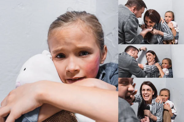 Collage von Kind mit Bluterguss, das Stofftier in der Hand hält und Mutter im Kampf mit missbräuchlichem Vater zu Hause — Stockfoto